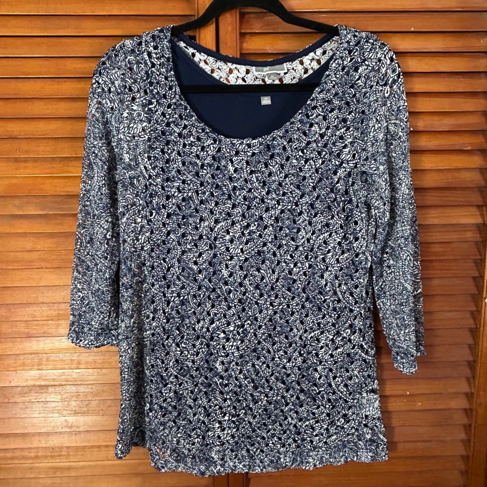 JM Collection Womens Navy Blue White Paisley Eyelet Lace 3/4 Sleeve Top Size M‎